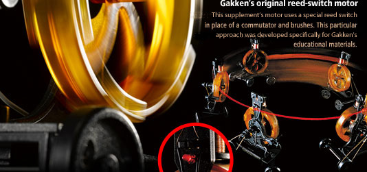 This supplement's motor uses a special reed switch in place of a commutator and brushes. This particular approach was developed specifically for Gakken's educational materials. 