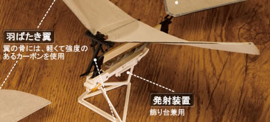 羽ばたき翼：翼の骨には、軽くて強度のあるカーボンを使用　 発射装置：飾り台兼用